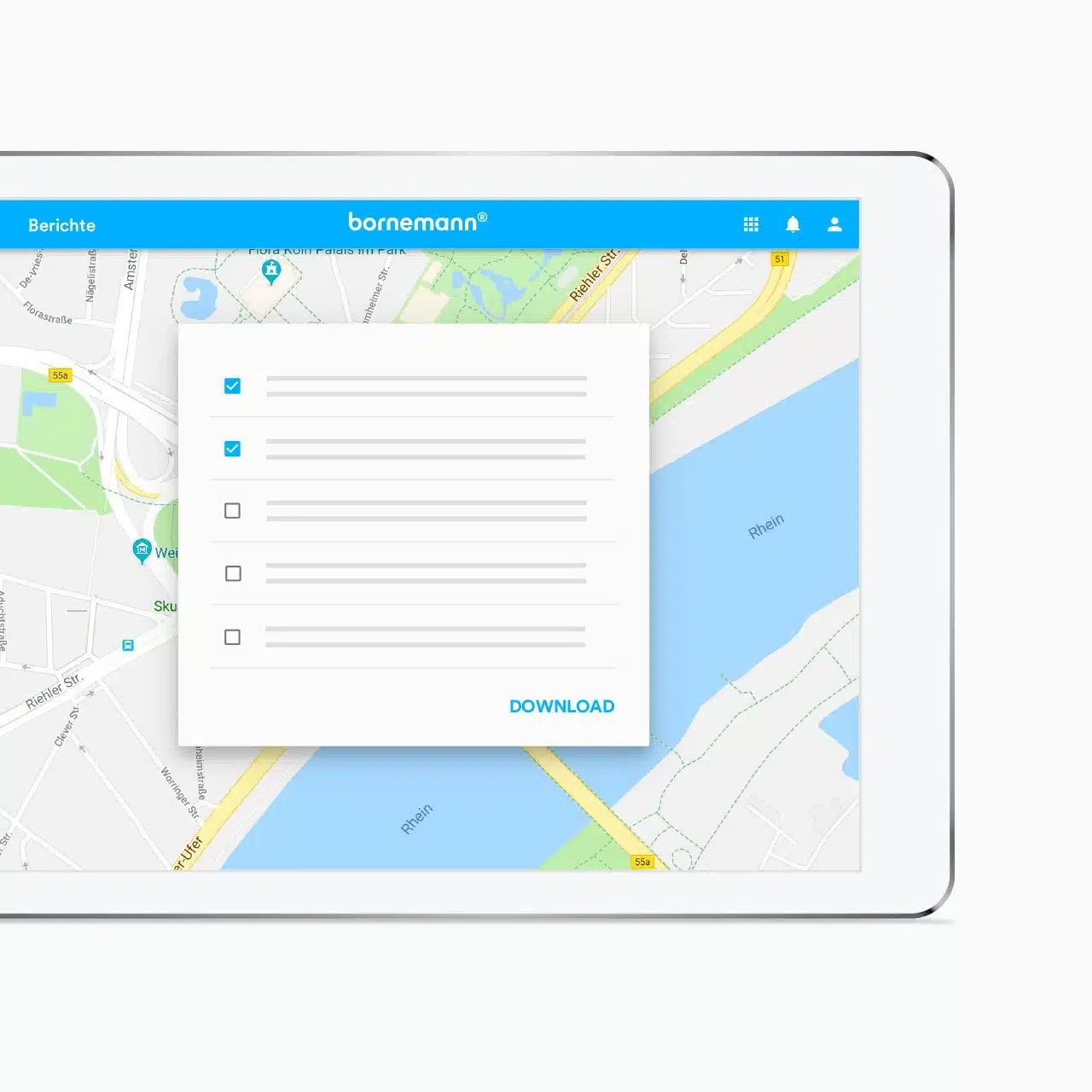 Berichtsansicht mit Kartenhintergrund und Download-Dialog mit auswählbaren Optionen