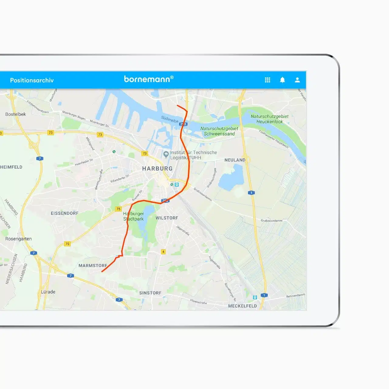 Karte von Hamburg-Harburg mit rot markierter Route im Positionsarchiv