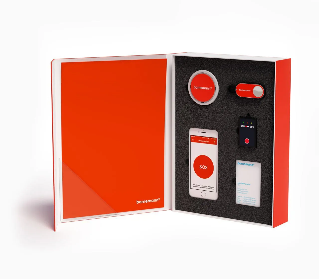 Geschenkbox mit SOS-Notfallset von bornemann, mit Smartphone-App, GPS-Tracker und Visitenkarte