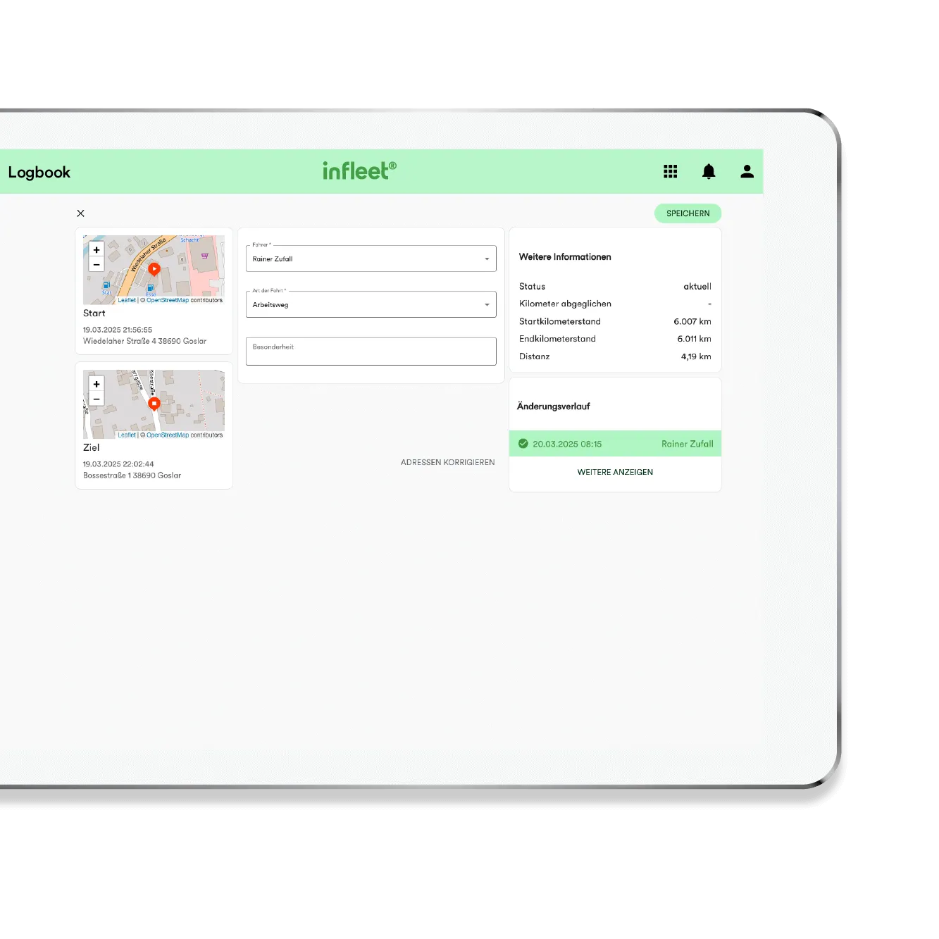 Logbuch-Ansicht mit Start- und Zielkarte sowie Fahrtdetails und Kilometerangaben