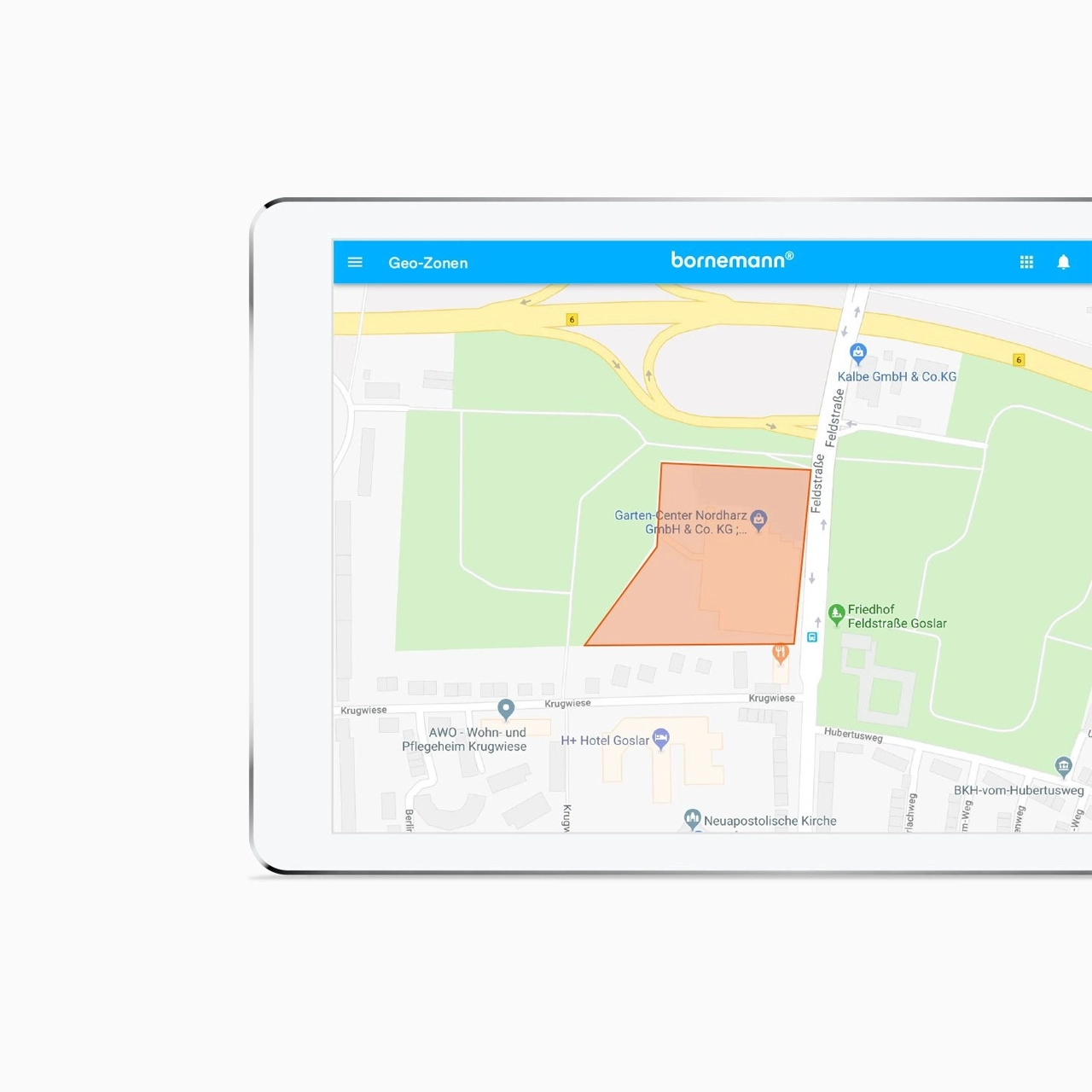 Karte mit markierter Geo-Zone in Goslar, nahe Garten-Center Nordharz und Feldstraße