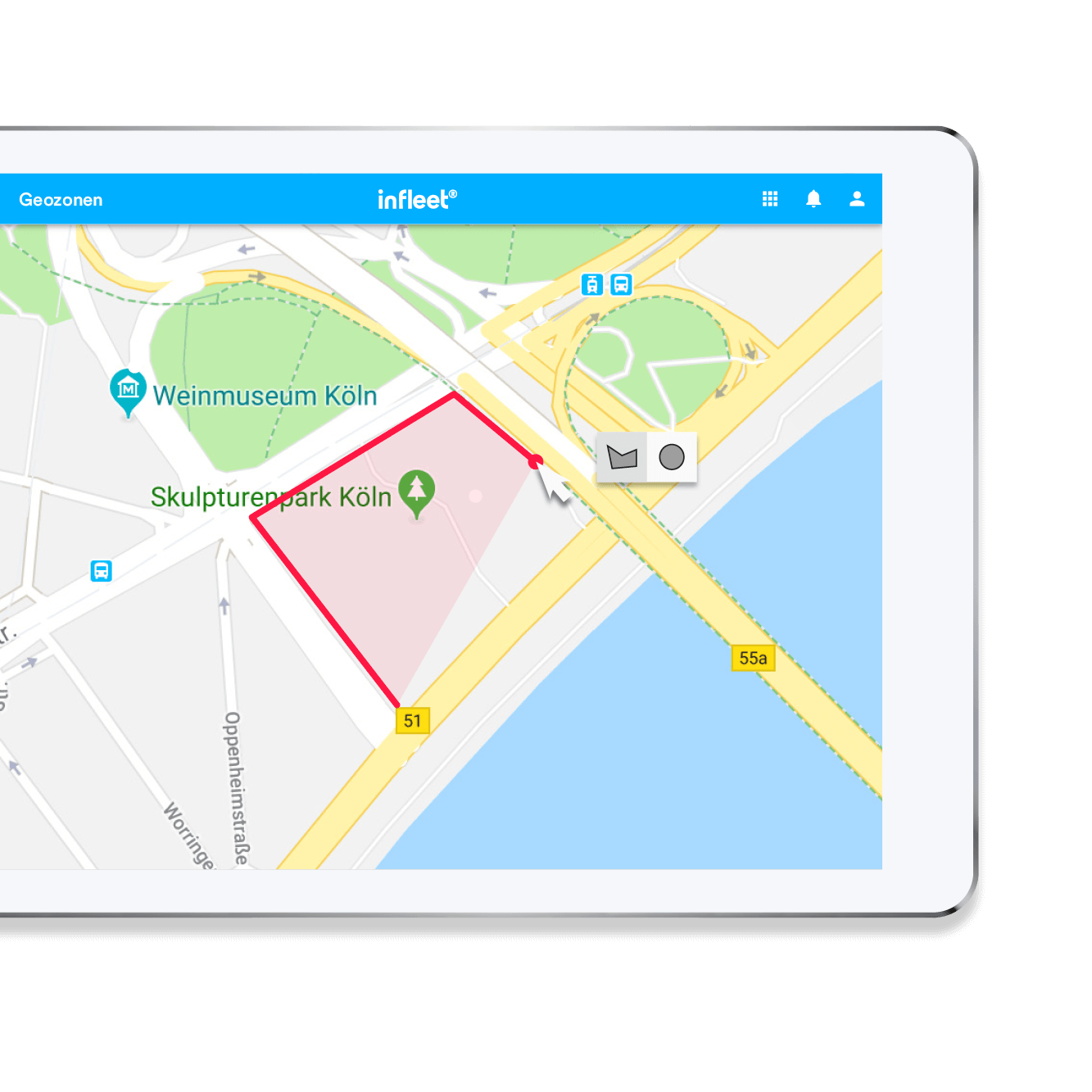 Karte mit markiertem Gebiet am Skulpturenpark Köln und Weinmuseum Köln, nahe den Straßen 51 und 55a