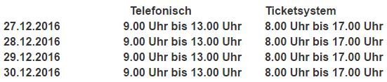 telefonische erreichbarkeit ueber die feiertage