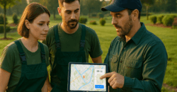 GaLaBau-Team mit Bauleiter und Tablet: Digitale Zeiterfassung und GPS-Ortung auf einer Grünanlage am Morgen.