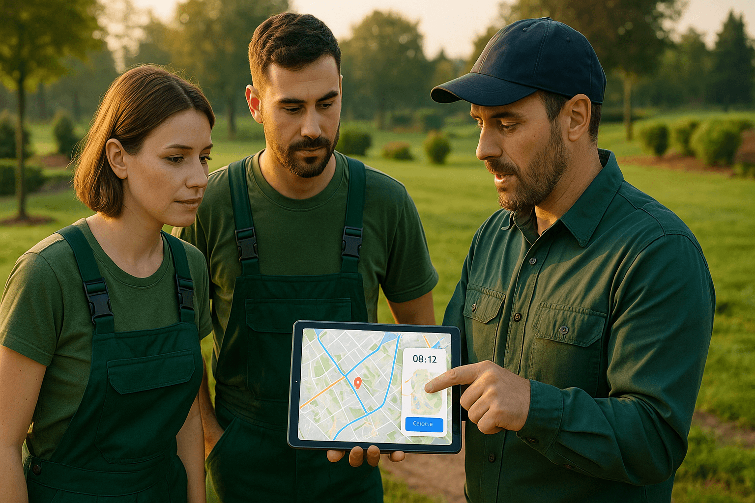 GaLaBau-Team mit Bauleiter und Tablet: Digitale Zeiterfassung und GPS-Ortung auf einer Grünanlage am Morgen.