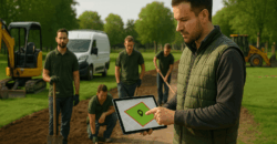 Bauleiter im GaLaBau zeigt auf Tablet mit Geozonen-Karte, Kolonne arbeitet im Hintergrund auf einer Grünanlage-Baustelle mit Transportern und Minibagger.