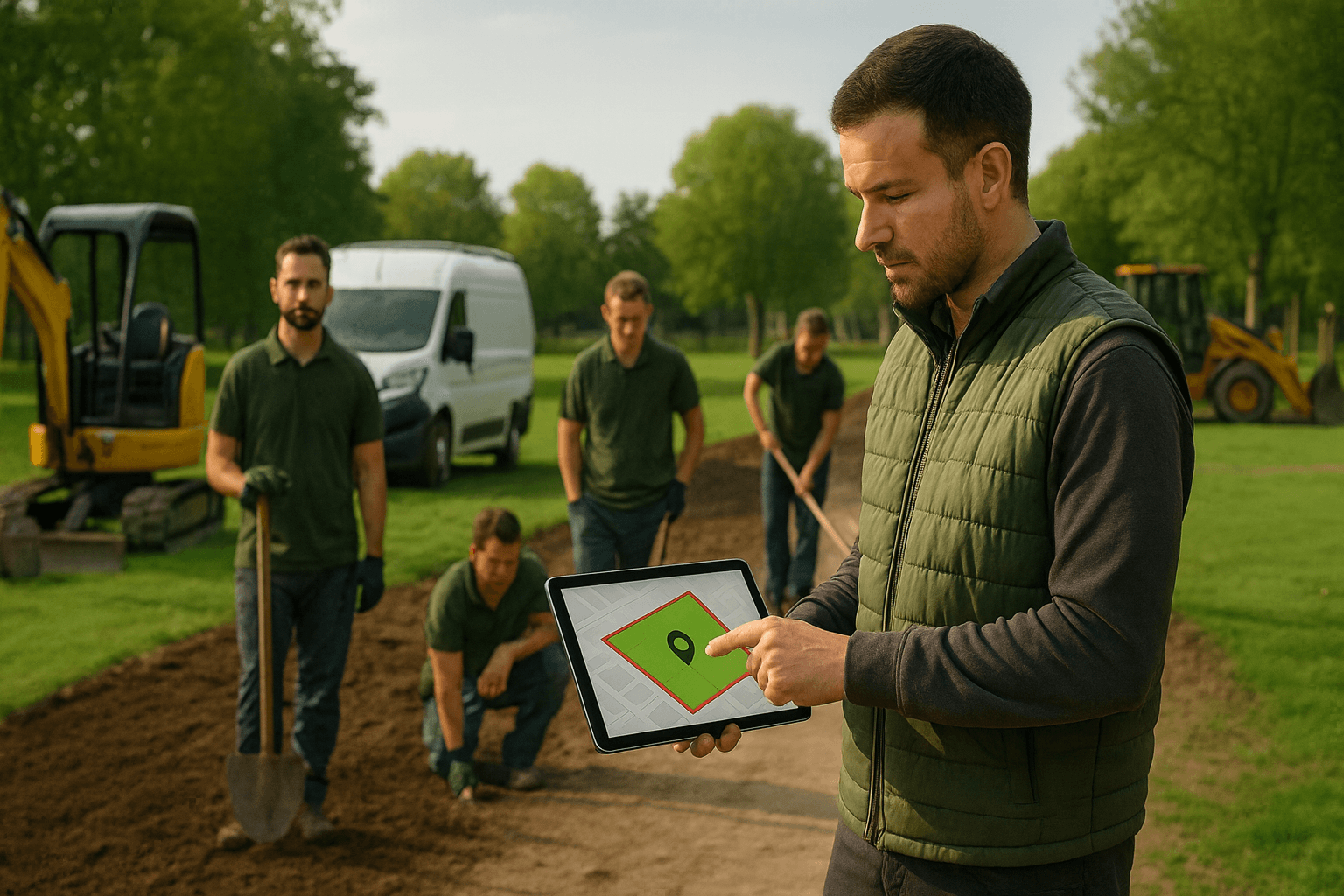 Bauleiter im GaLaBau zeigt auf Tablet mit Geozonen-Karte, Kolonne arbeitet im Hintergrund auf einer Grünanlage-Baustelle mit Transportern und Minibagger.