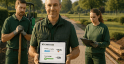 Bauleiter im GaLaBau zeigt Tablet mit KPI-Dashboard, das 15 % Spritersparnis und 10 Stunden weniger Dispo-Zeit pro Woche durch GPS-Ortung belegt.