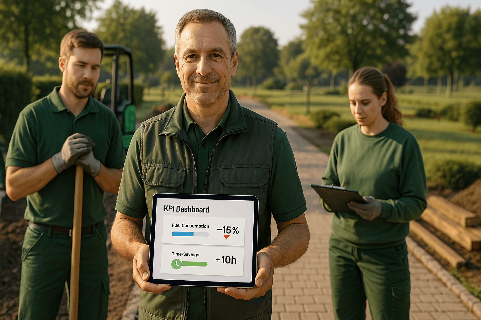 Bauleiter im GaLaBau zeigt Tablet mit KPI-Dashboard, das 15 % Spritersparnis und 10 Stunden weniger Dispo-Zeit pro Woche durch GPS-Ortung belegt.
