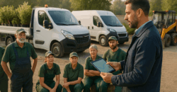 Ein Bauleiter im Garten- und Landschaftsbau brieft sein Team mit einem Tablet. Mehrere Männer und Frauen unterschiedlichen Alters in Arbeitskleidung stehen vor Transportern, die mit Pflanzen und Werkzeugen beladen sind.