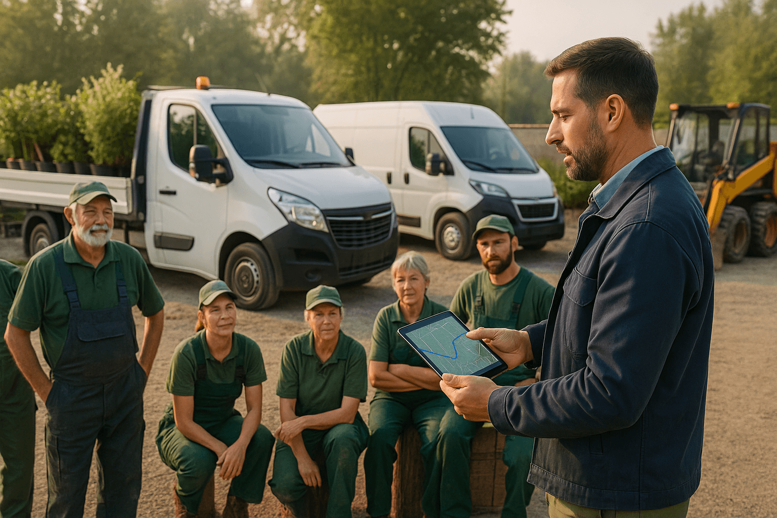 Ein Bauleiter im Garten- und Landschaftsbau brieft sein Team mit einem Tablet. Mehrere Männer und Frauen unterschiedlichen Alters in Arbeitskleidung stehen vor Transportern, die mit Pflanzen und Werkzeugen beladen sind.