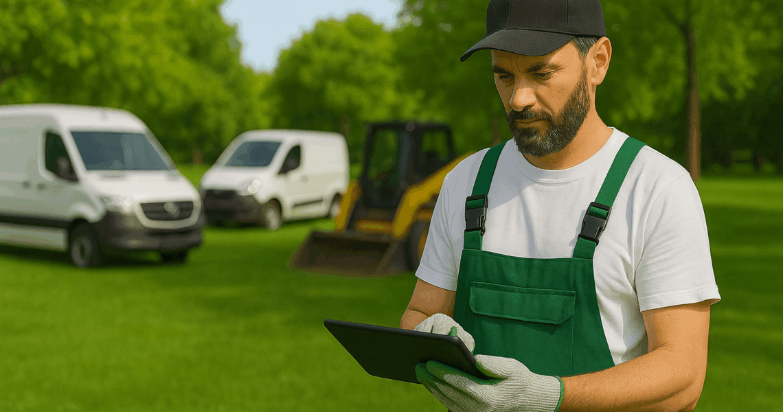 Gärtner in grüner Latzhose prüft Tablet auf gepflegter Grünanlage, im Hintergrund stehen zwei Transporter und ein Radlader – Symbolbild für digitale Fahrzeugortung im GaLaBau.