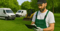 Gärtner in grüner Latzhose prüft Tablet auf gepflegter Grünanlage, im Hintergrund stehen zwei Transporter und ein Radlader – Symbolbild für digitale Fahrzeugortung im GaLaBau.