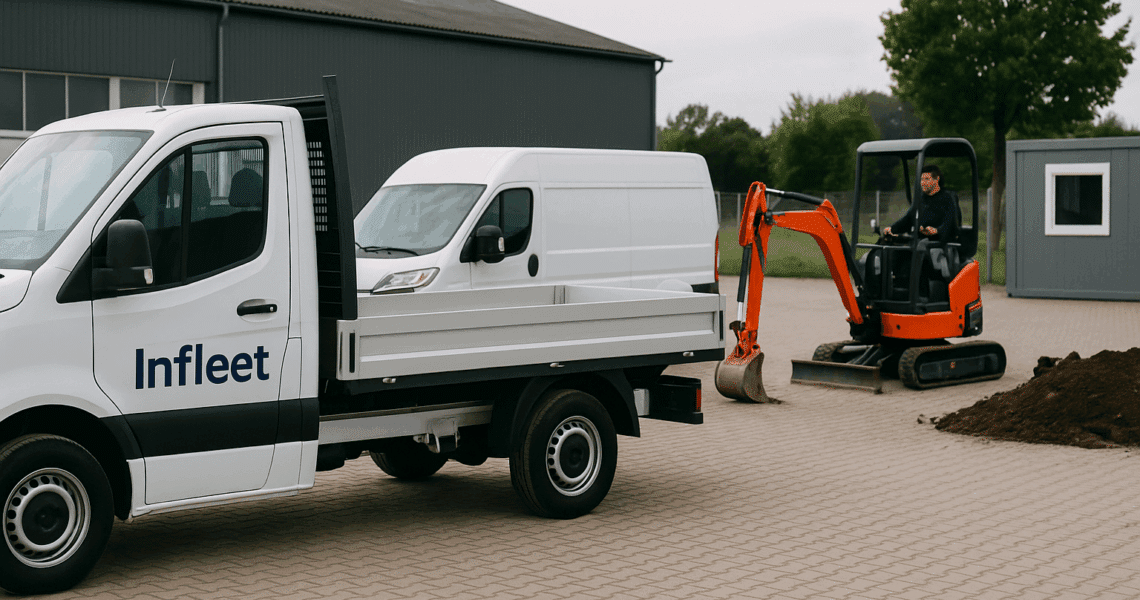 Infleet Transporter auf Betriebshof, daneben Minibagger im Einsatz - moderner GaLaBau-Fuhrpark bereit für GPS-Fahrzeugortung.