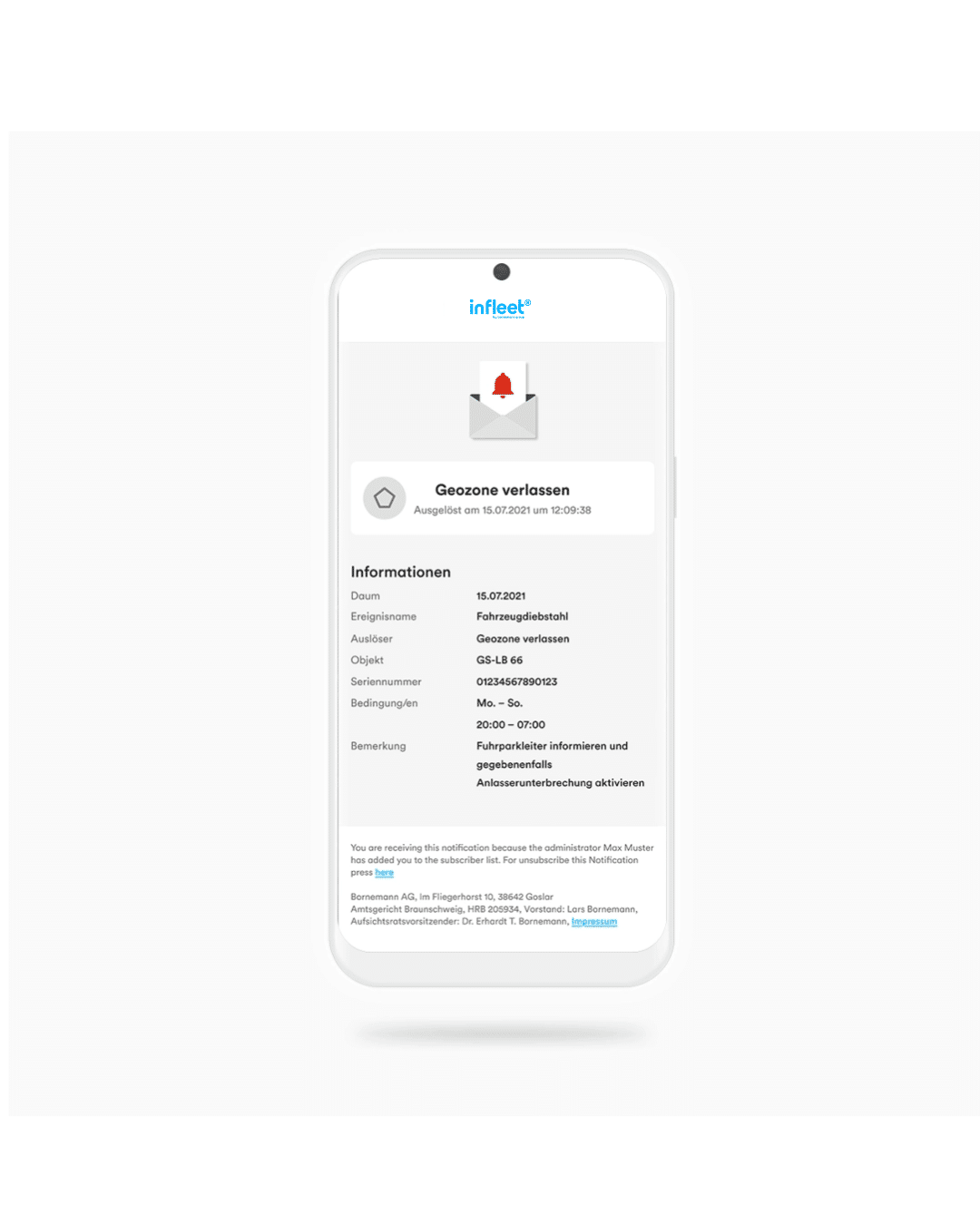 Benachrichtigung auf dem Smartphone: Geozone verlassen – Infleet Cloud sendet Alarm mit Datum, Objekt, Seriennummer, Bedingungen und Hinweisen zur Aktion.