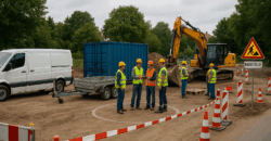 Deutsche Baustelle: Sprinter mit Pflastersteinen, Radlader, Bagger, Anhänger und Container; Team mit Helmen/Westen – Fokus auf GPS-Ortung & Geofencing