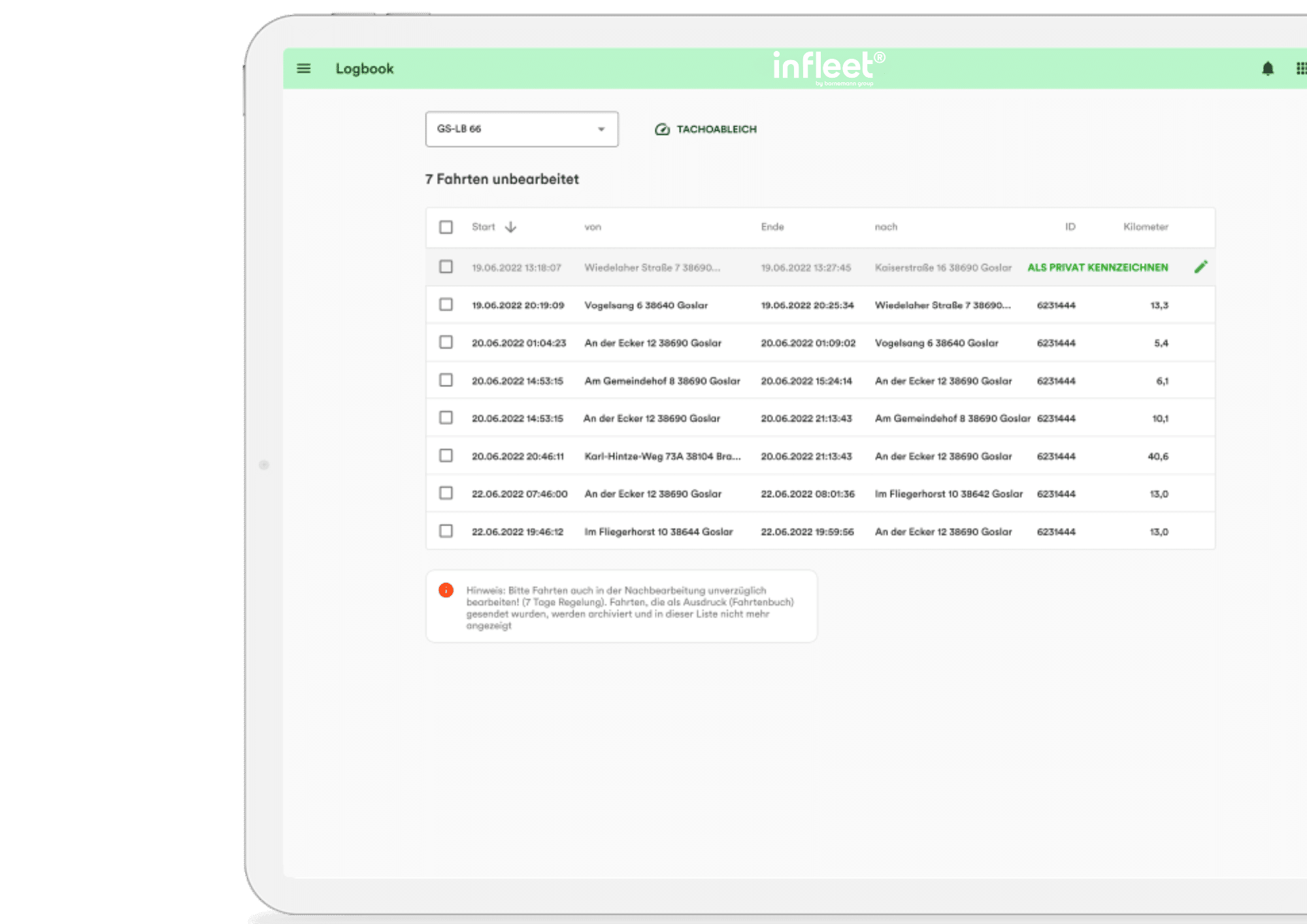 Infleet Logbook-Report: Übersicht unbearbeiteter Fahrten im elektronischen Fahrtenbuch
