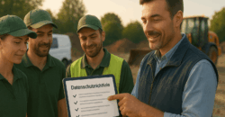 GaLaBau-Team auf Baustelle: Bauleiter zeigt Tablet mit Datenschutz-Checkliste, im Hintergrund Transporter und Radlader – Symbol für rechtssichere GPS-Fahrzeugortung.