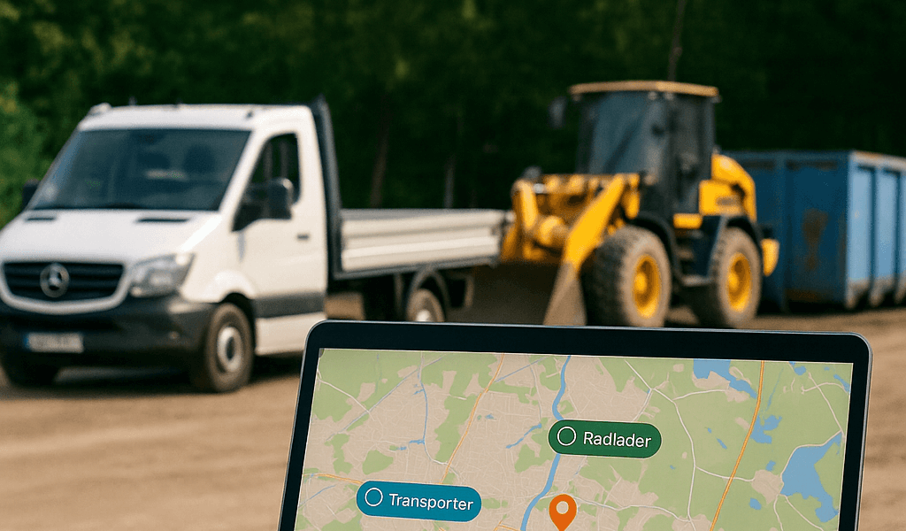 Laptop mit GPS-Karte, im Hintergrund Transporter, Radlader und Container auf einer Baustelle – Symbolbild für GPS-Fahrzeugortung im GaLaBau.