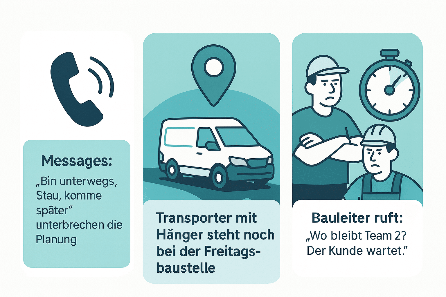 Illustration typischer Herausforderungen im GaLaBau: Telefonanruf, Transporter-Standort unklar, wartende Bauleiter - Chaos am Morgen im Fuhrpark.