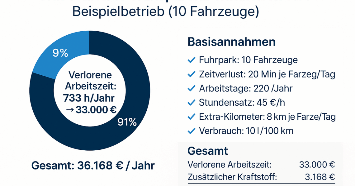 Donut-Diagramm: Verlorene Arbeitszeit 733 Stunden/Jahr (91 %) und zusätzliche Spritkosten (9 %) – Gesamtkosten 36.168 € pro Jahr im Beispielbetrieb mit 10 Fahrzeugen.