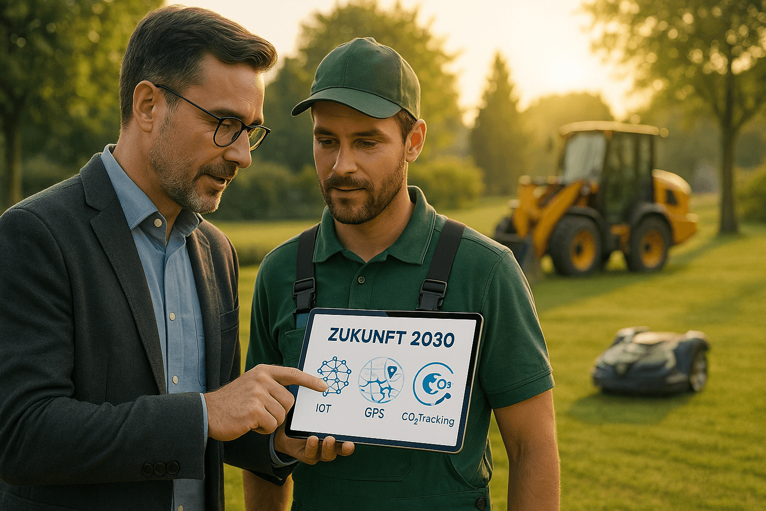 Bauleiter zeigt einem Mitarbeiter im GaLaBau auf einem Tablet ein Zukunfts-Dashboard mit IoT, GPS und CO₂-Tracking. Im Hintergrund stehen moderne Maschinen auf einer Grünanlage.